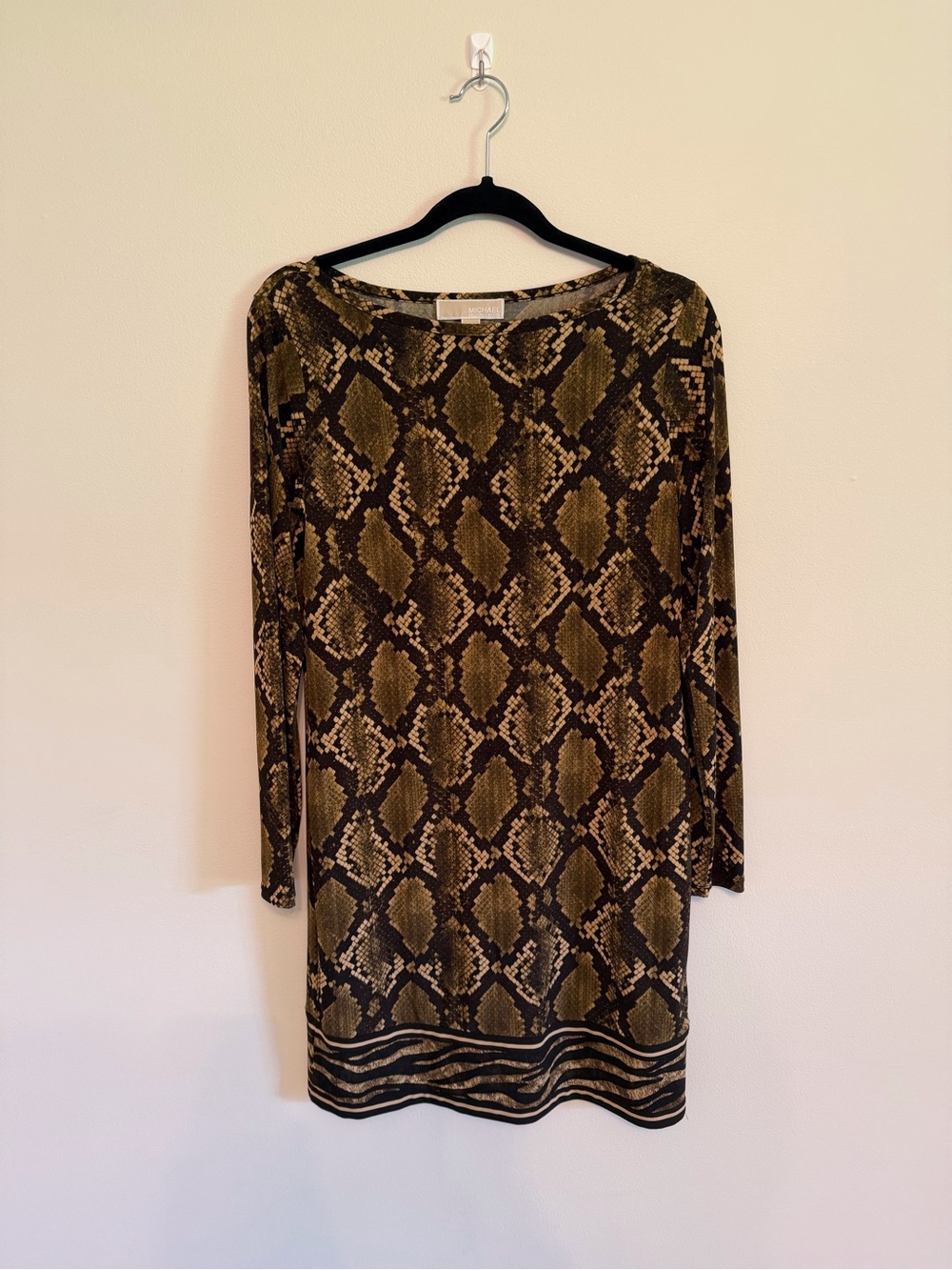 Michael Kors Tan & Black Snake-Print Long Sleeve Dress with Hem Stripe